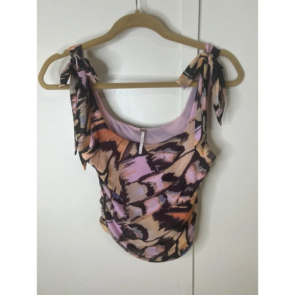 Free People Mesh Butterfly Print Ruched Tie Shoulder Crop Top Pink Orange Med.